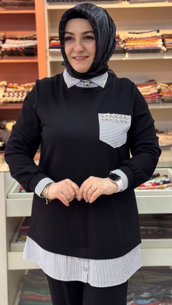 Yakası Ve Cebi Taş İşlemeli Gömlek Detaylı Takım Siyah/2810