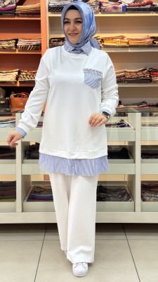 Yakası Ve Cebi Taş İşlemeli Gömlek Detaylı Takım Ekru/2810 - Thumbnail