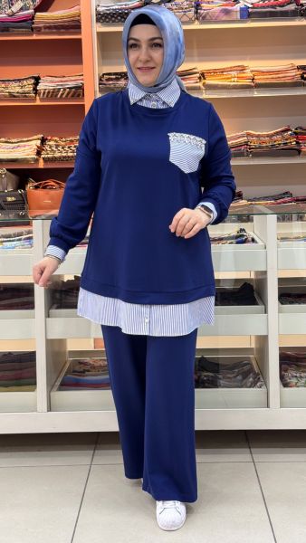 Yakası Ve Cebi Taş İşlemeli Gömlek Detaylı Takım Lacivert/2810