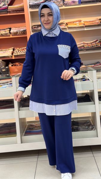 Yakası Ve Cebi Taş İşlemeli Gömlek Detaylı Takım Lacivert/2810