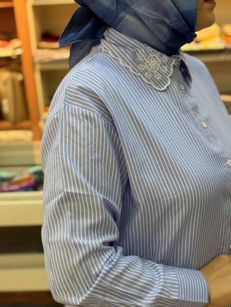 Yakası Ve Etek Ucu Nakışlı Gömlek Tunik Mavi/2795