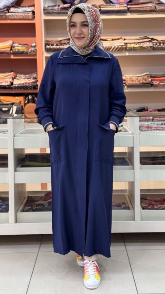 Yakası Ve Kol Ucu Ribana Detaylı Gizli Kap Lacivert/15256