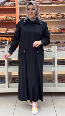 Puane - Yakası Ve Kol Ucu Ribana Detaylı Gizli Kap Siyah/15256