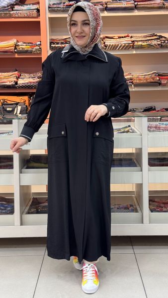 Yakası Ve Kol Ucu Ribana Detaylı Gizli Kap Siyah/15256