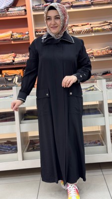 Yakası Ve Kol Ucu Ribana Detaylı Gizli Kap Siyah/15256 - Thumbnail