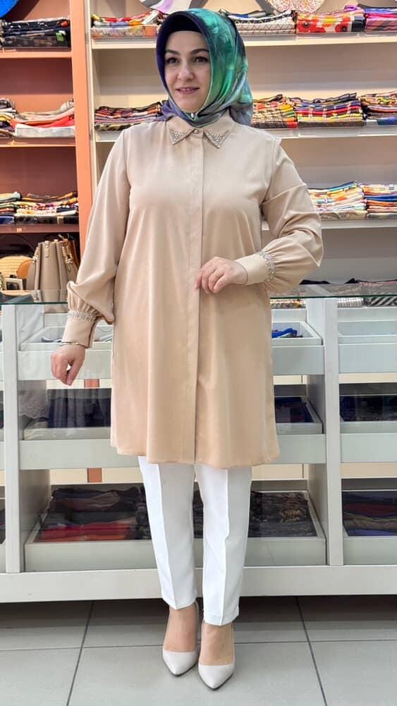 Gaze - Yakası ve Kolu Boncuk Detaylı Tunik Camel/4050