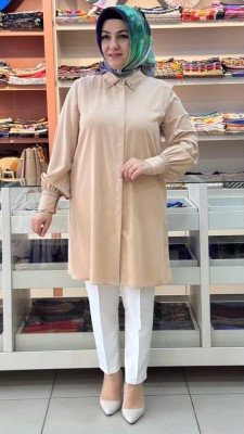 Gaze - Yakası ve Kolu Boncuk Detaylı Tunik Camel/4050