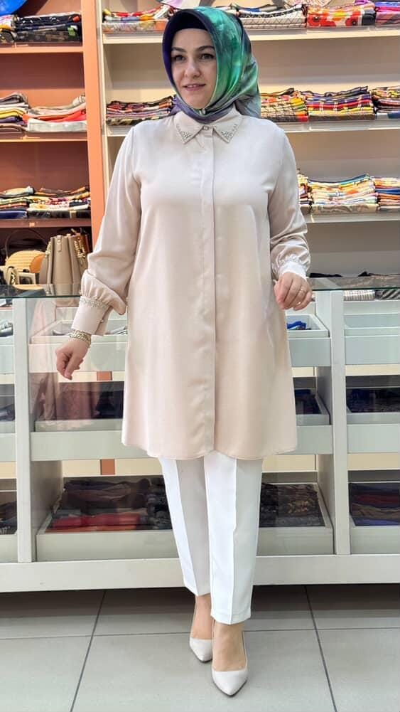 Gaze - Yakası ve Kolu Boncuk Detaylı Tunik Taş/4050