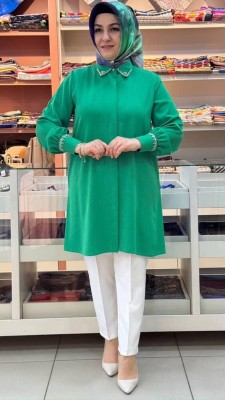 Gaze - Yakası ve Kolu Boncuk Detaylı Tunik Benetton Yeşili/4050