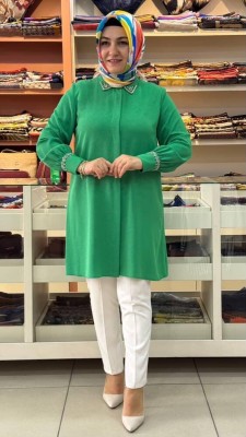 Gaze - Yakası ve Kolu Boncuk Detaylı Tunik Benetton Yeşili/4050