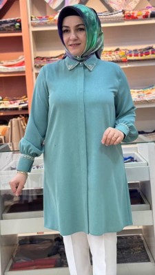 Yakası ve Kolu Boncuk Detaylı Tunik Mint/4050 - Thumbnail