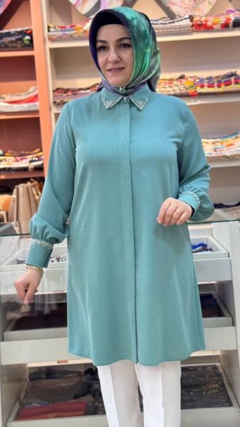 Yakası ve Kolu Boncuk Detaylı Tunik Mint/4050