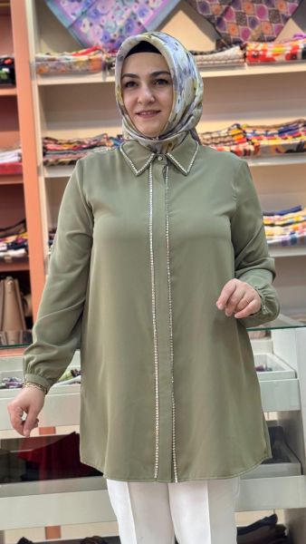 Yakası Ve Önü Taş Detaylı Tunik Haki/25301