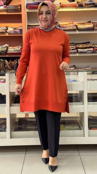 Yanları Düğme Detaylı Merserize Triko Tunik Turuncu/1802