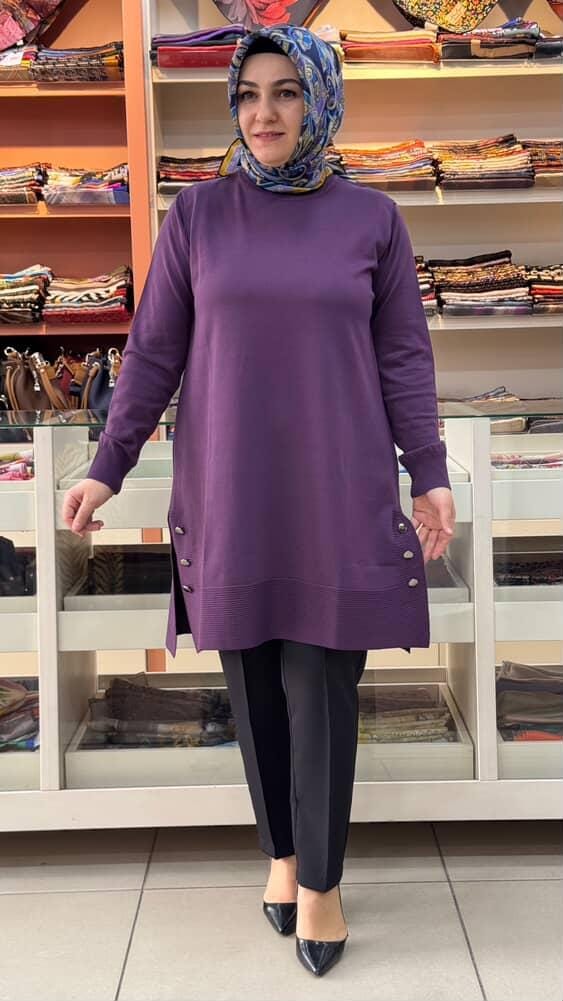  - Yanları Düğme Detaylı Merserize Triko Tunik Mor/1802
