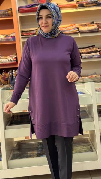 Yanları Düğme Detaylı Merserize Triko Tunik Mor/1802