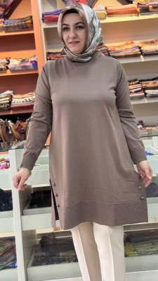 Yanları Düğme Detaylı Merserize Triko Tunik Koyu Vizon/1802 - Thumbnail