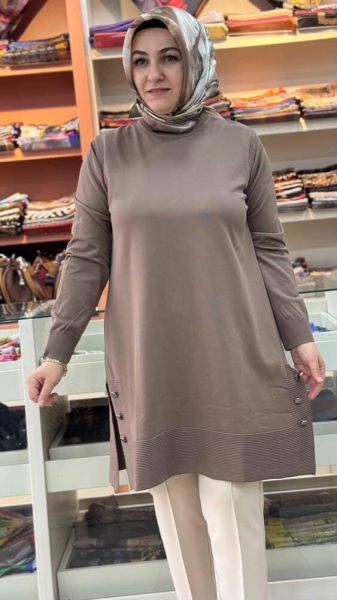 Yanları Düğme Detaylı Merserize Triko Tunik Koyu Vizon/1802