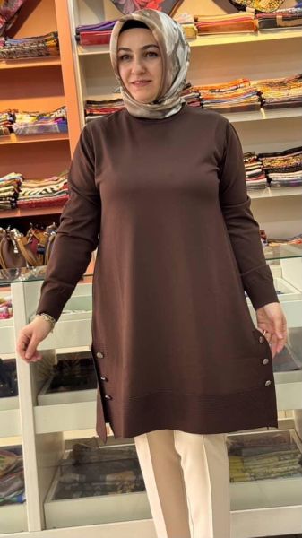 Yanları Düğme Detaylı Merserize Triko Tunik Acı Kahve/1802