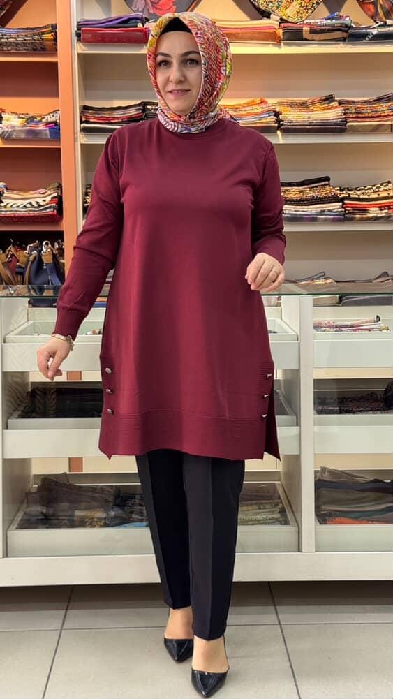  - Yanları Düğme Detaylı Merserize Triko Tunik Bordo/1802