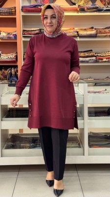  - Yanları Düğme Detaylı Merserize Triko Tunik Bordo/1802