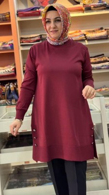 Yanları Düğme Detaylı Merserize Triko Tunik Bordo/1802 - Thumbnail