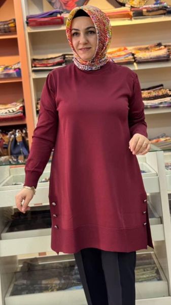 Yanları Düğme Detaylı Merserize Triko Tunik Bordo/1802