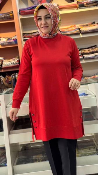 Yanları Düğme Detaylı Merserize Triko Tunik Mercan/1802