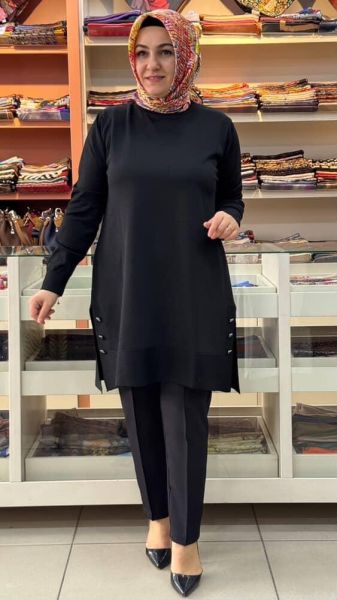 Yanları Düğme Detaylı Merserize Triko Tunik Siyah/1802