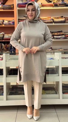  - Yanları Düğme Detaylı Merserize Triko Tunik Açık Vizon/1802