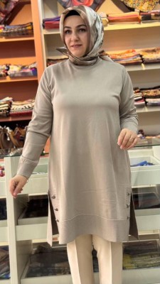 Yanları Düğme Detaylı Merserize Triko Tunik Açık Vizon/1802 - Thumbnail
