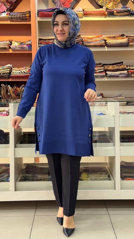  - Yanları Düğme Detaylı Merserize Triko Tunik Saks/1802