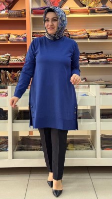  - Yanları Düğme Detaylı Merserize Triko Tunik Saks/1802