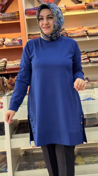 Yanları Düğme Detaylı Merserize Triko Tunik Saks/1802