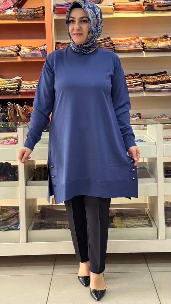  - Yanları Düğme Detaylı Merserize Triko Tunik İndigo/1802