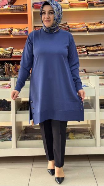 Yanları Düğme Detaylı Merserize Triko Tunik İndigo/1802