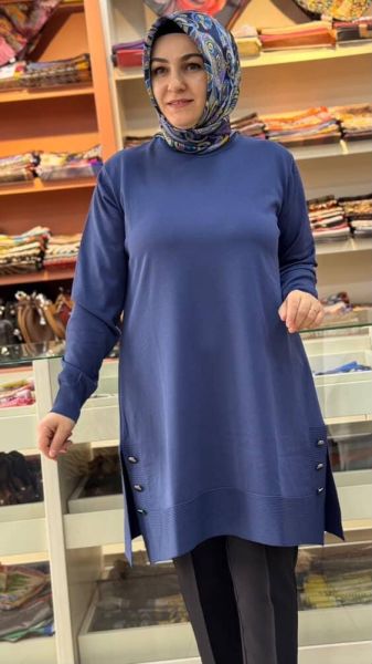 Yanları Düğme Detaylı Merserize Triko Tunik İndigo/1802