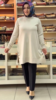  - Yanları Düğme Detaylı Merserize Triko Tunik Taş/1802