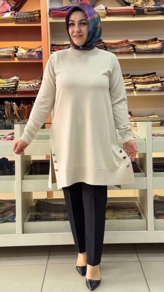 Yanları Düğme Detaylı Merserize Triko Tunik Taş/1802