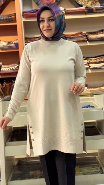 Yanları Düğme Detaylı Merserize Triko Tunik Taş/1802