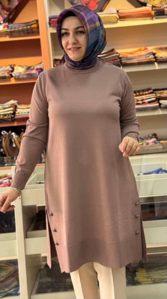 Yanları Düğme Detaylı Merserize Triko Tunik Pudra/1802