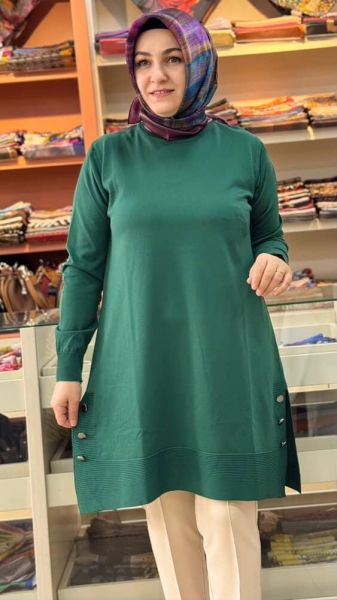 Yanları Düğme Detaylı Triko Tunik Zümrüt/1802
