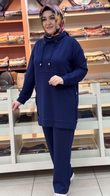 Yanları Fermuar Detaylı Degaje Yaka Takım Lacivert/1293 - Thumbnail