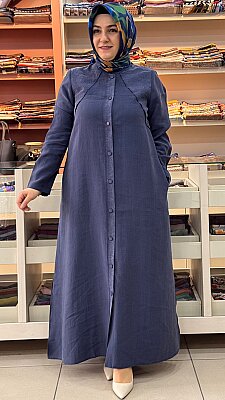 Yanları Yırtmaç Detaylı Uzun Kap Lacivert/261855 - Thumbnail