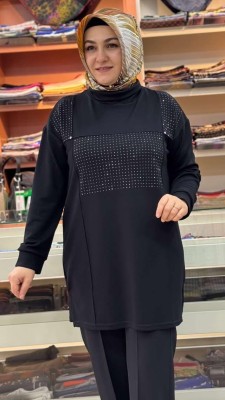 Yanları Yırtmaçlı Pul Detaylı Tunik Siyah/1832 - Thumbnail