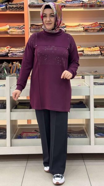 Yanları Yırtmaçlı Pul Detaylı Tunik Bordo/1832