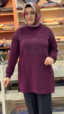 Yanları Yırtmaçlı Pul Detaylı Tunik Bordo/1832 - Thumbnail