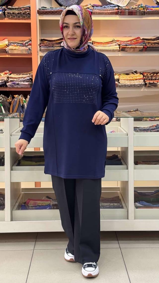 inza moda - Yanları Yırtmaçlı Pul Detaylı Tunik Lacivert/1832