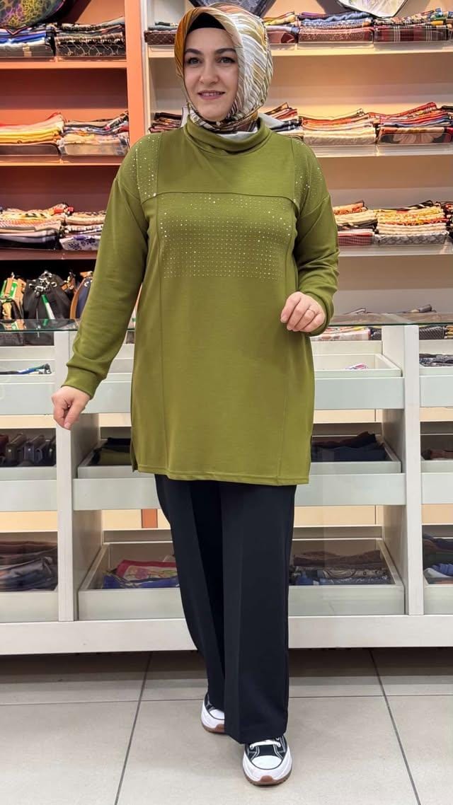 inza moda - Yanları Yırtmaçlı Pul Detaylı Tunik Yeşil/1832