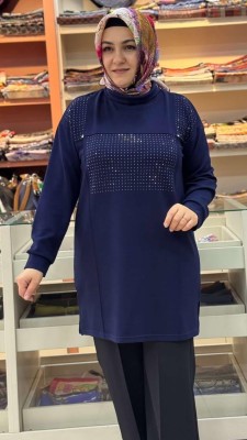 Yanları Yırtmaçlı Pul Detaylı Tunik Lacivert/1832 - Thumbnail